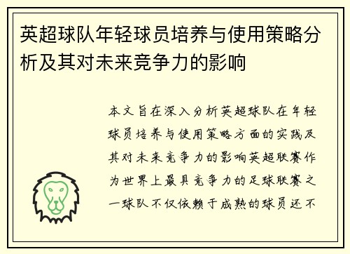 英超球队年轻球员培养与使用策略分析及其对未来竞争力的影响