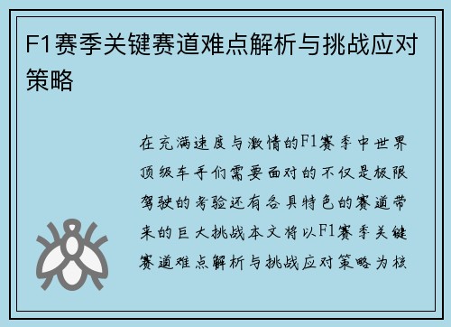 F1赛季关键赛道难点解析与挑战应对策略